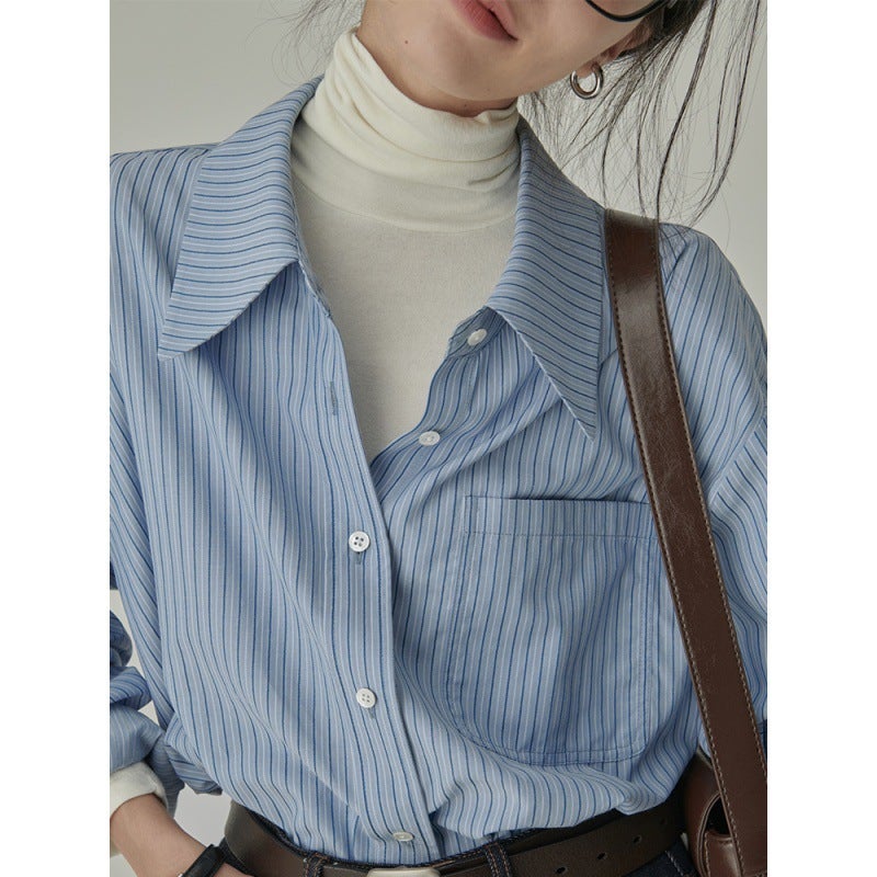 Autumn 2023 New Blue Striped Loose Dressing Shirt Womens All-match Casual Elegant Single-breasted Top Static blue stripes