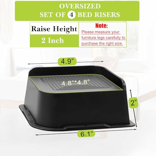 Yookwutar Bed Risers 2 inch, 3 inch, 4 inch, 6 inch, 8 inch Heavy Duty, Oversized Furniture Riser for Couch Sofa Table Chair Leg Frame Dorm, Support up to 6000 Lbs (Black 4 Pack, 2 inch) - Image 2