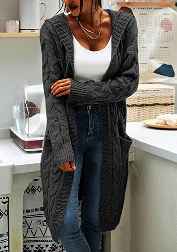 Bwogeeya Women Hooded Open Front Cardigan Cable Knit Sweaters Solid Color Chunky Long Sweater Coats - Image 1