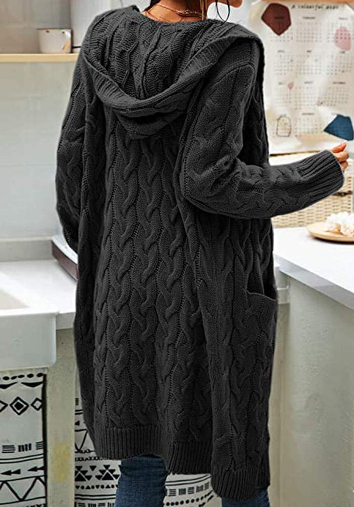 Bwogeeya Women Hooded Open Front Cardigan Cable Knit Sweaters Solid Color Chunky Long Sweater Coats - Image 3