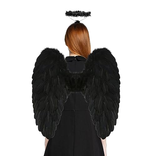 Loieryk Angel Wings and Halo Adult Feather Angel Wings Costume for Women Halloween Cosplay Costume Accessories Black - Image 1