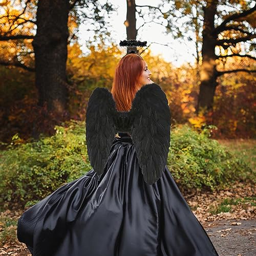 Loieryk Angel Wings and Halo Adult Feather Angel Wings Costume for Women Halloween Cosplay Costume Accessories Black - Image 5