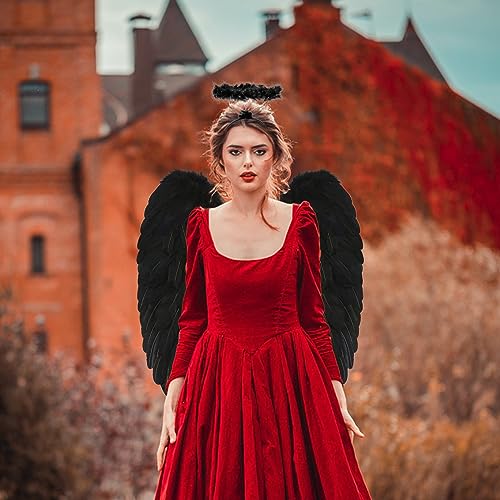 Loieryk Angel Wings and Halo Adult Feather Angel Wings Costume for Women Halloween Cosplay Costume Accessories Black - Image 2