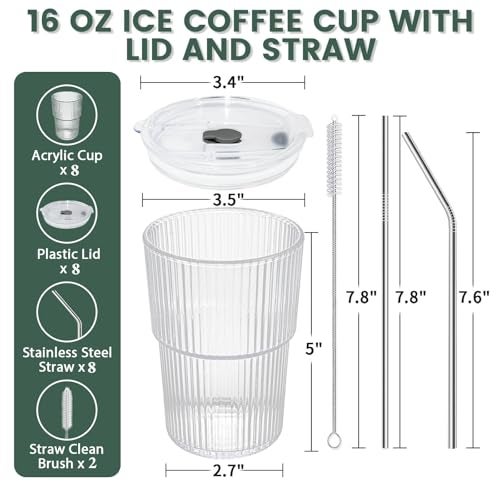 HIGIINC Iced Coffee Cups With Lids and Straws 8 Pcs, 16 OZ Unbreakable Glasses Drinking Set,Clear Plastic Cups Reusable Iced Coffee Tumbler with Lid and Straw, To Go Coffee Cups Dishwasher Safe - Image 5