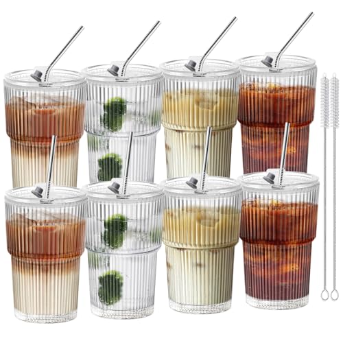 HIGIINC Iced Coffee Cups With Lids and Straws 8 Pcs, 16 OZ Unbreakable Glasses Drinking Set,Clear Plastic Cups Reusable Iced Coffee Tumbler with Lid and Straw, To Go Coffee Cups Dishwasher Safe - Image 1