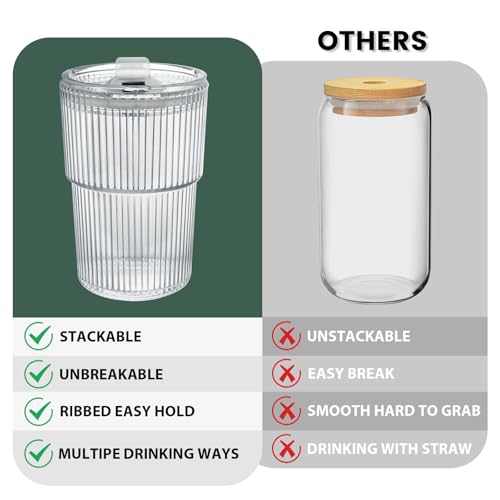 HIGIINC Iced Coffee Cups With Lids and Straws 8 Pcs, 16 OZ Unbreakable Glasses Drinking Set,Clear Plastic Cups Reusable Iced Coffee Tumbler with Lid and Straw, To Go Coffee Cups Dishwasher Safe - Image 3