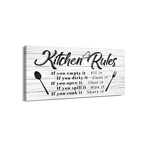 Pinetree Art Kitchen Rules Wall Decor Funny Inspirational Quote Canvas Print Art Modern Rustic Farmhouse Kitchen Decorative (8X16 Inch, W) - Image 1