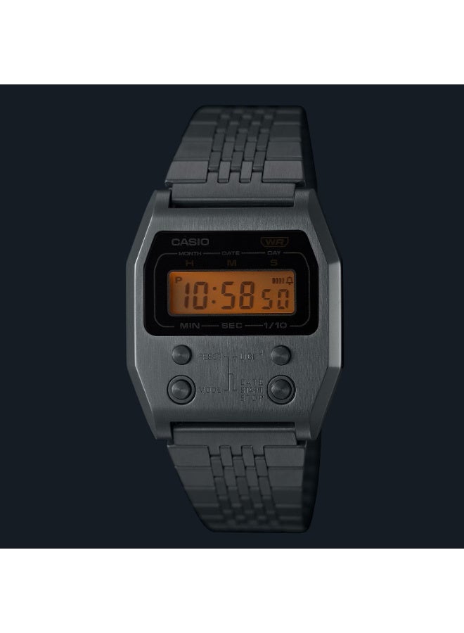 CASIO A1100D‑1DF Vintage Digital Watch, Full Stainless Steel Case & Bracelet, 1/10‑Second Stopwatch, Black‑Grey Dial - Image 3