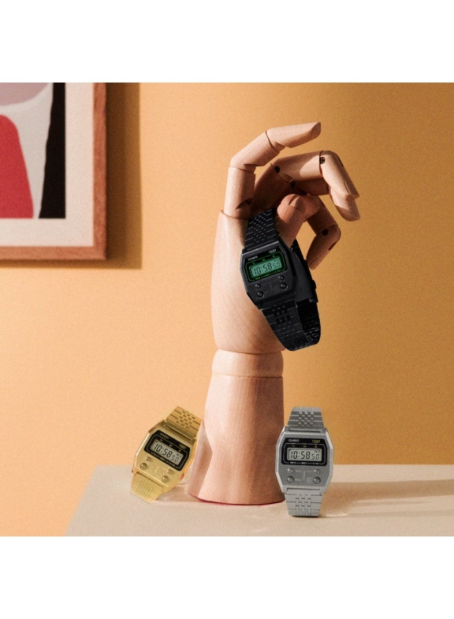 CASIO A1100D‑1DF Vintage Digital Watch, Full Stainless Steel Case & Bracelet, 1/10‑Second Stopwatch, Black‑Grey Dial - Image 5