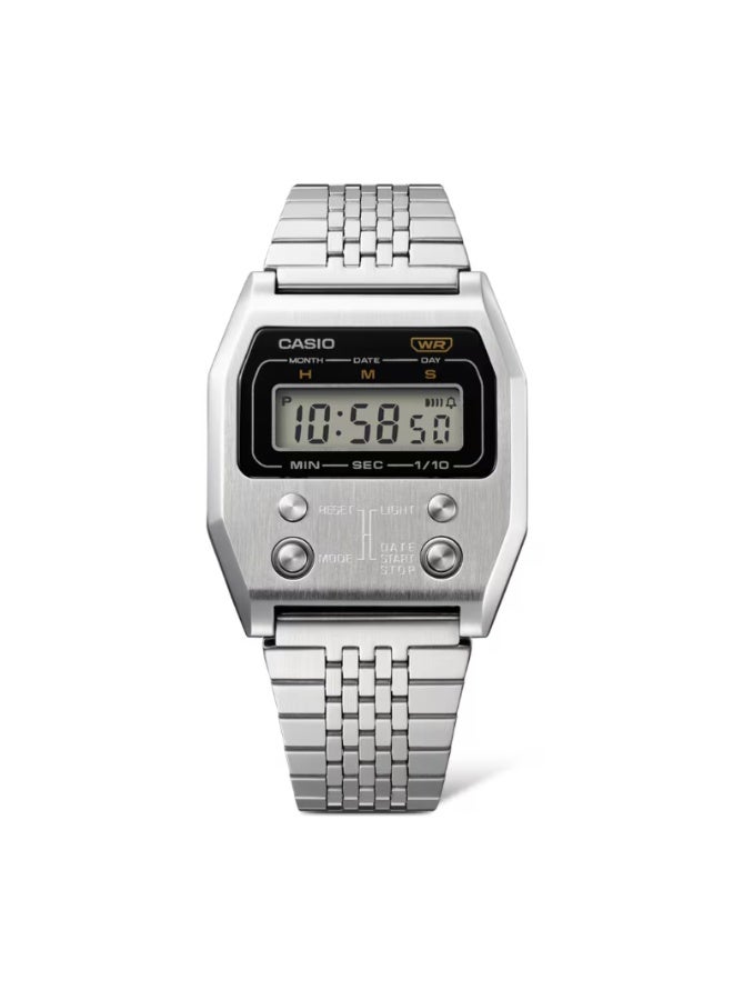 CASIO A1100D‑1DF Vintage Digital Watch, Full Stainless Steel Case & Bracelet, 1/10‑Second Stopwatch, Black‑Grey Dial - Image 2