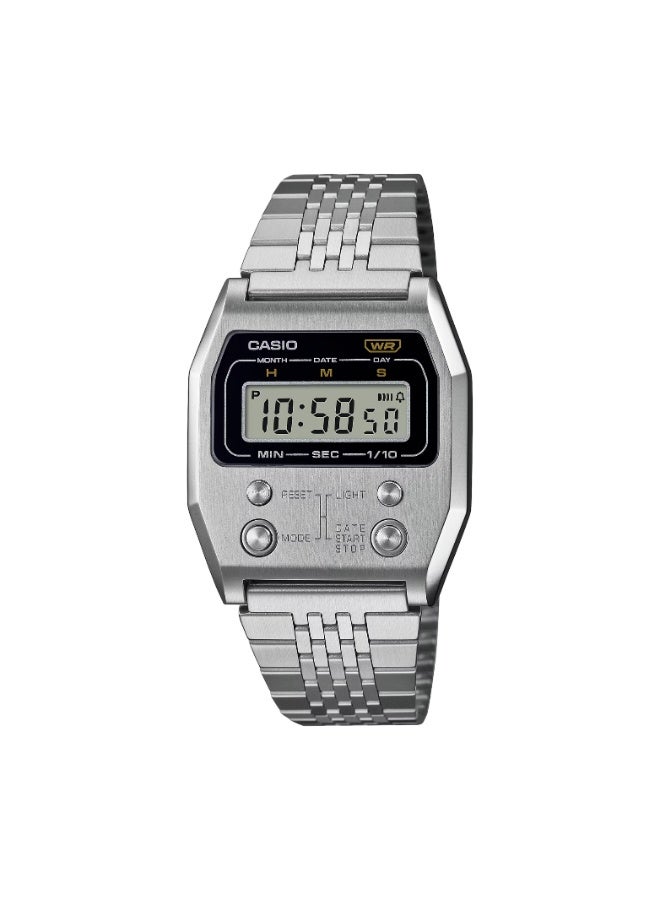 CASIO A1100D‑1DF Vintage Digital Watch, Full Stainless Steel Case & Bracelet, 1/10‑Second Stopwatch, Black‑Grey Dial - Image 1