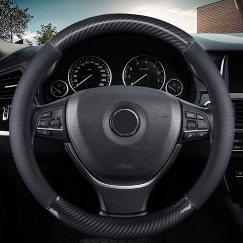 KAFEEK Classic Carbon Fiber Steering Wheel Cover, Universal 15 inch, Breathable Microfiber Leather, Black - Image 1