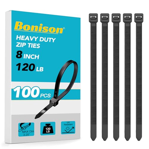 Bonison Zip Ties 8 inch Heavy Duty Zip Ties with 120 Pounds Tensile Strength, Black Cable Ties for Multi-Purpose Use, Self-Locking UV Resistant Nylon, 100 Pcs - Image 1