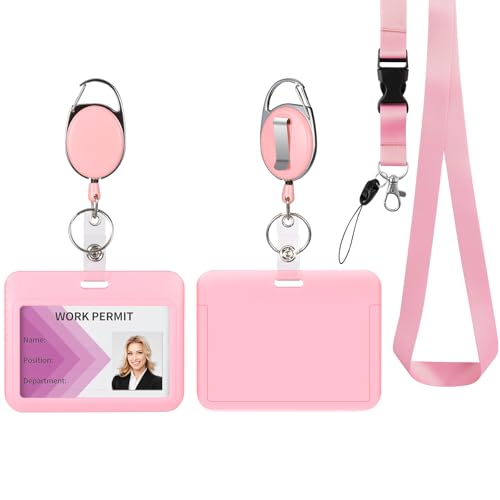 happyhbt Pink Horizontal ID Badge Holder with Lanyard, Retractable Heavy Duty Oval Badge Reels,Detachable Keychain, for Nurse Officer Teacher Security Staff Women Men - Image 5
