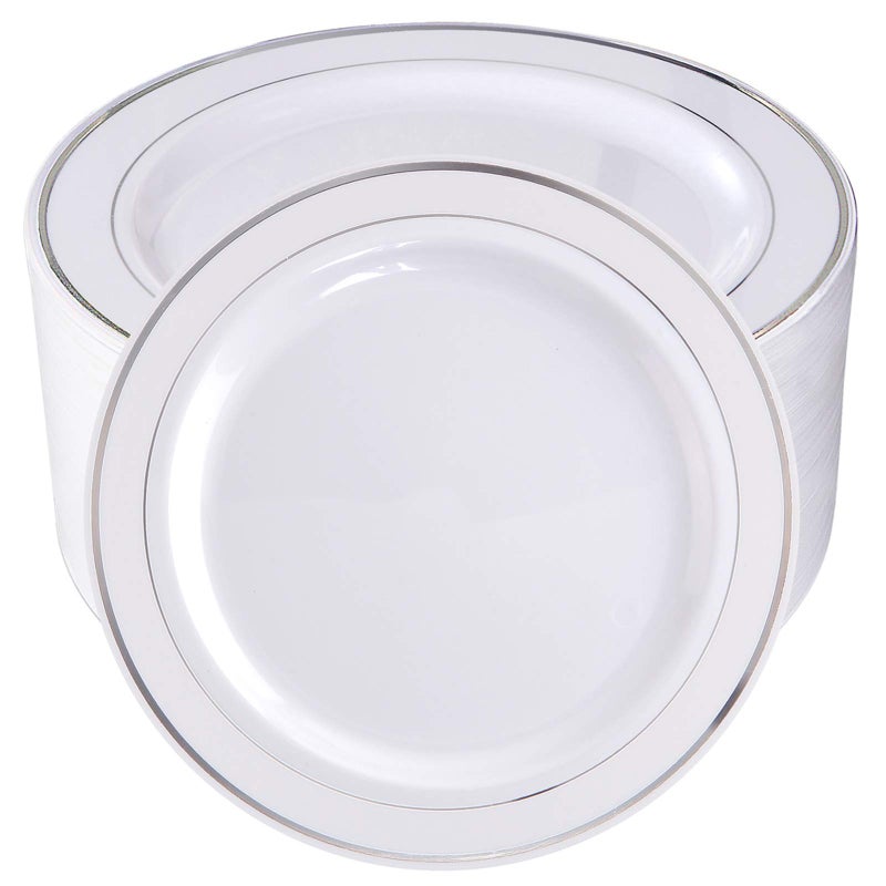 bUCLA 100Pieces Silver Plastic Plates  1025inch Silver Rim Disposable Dinner Plates  Ideal for Weddings PartiesChristmas