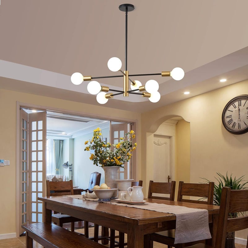 8-Light Modern Chandelier Black and Gold Ceiling Lamp Semi Flush Mount Ceiling Light Fixture Pendant Lights Height Adjustable Mid Century Industrial Farmhouse Ceiling Lights for Bedroom Living Room - Image 4