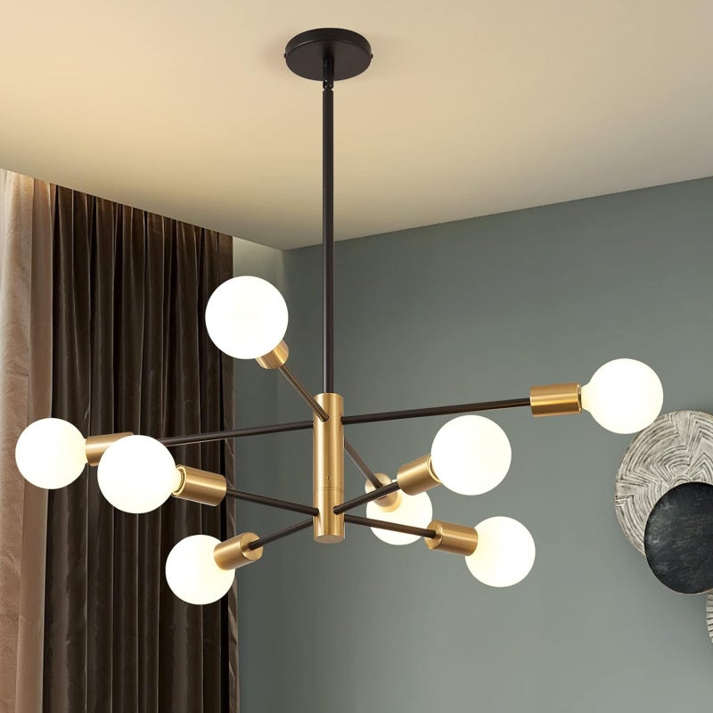 8-Light Modern Chandelier Black and Gold Ceiling Lamp Semi Flush Mount Ceiling Light Fixture Pendant Lights Height Adjustable Mid Century Industrial Farmhouse Ceiling Lights for Bedroom Living Room - Image 2