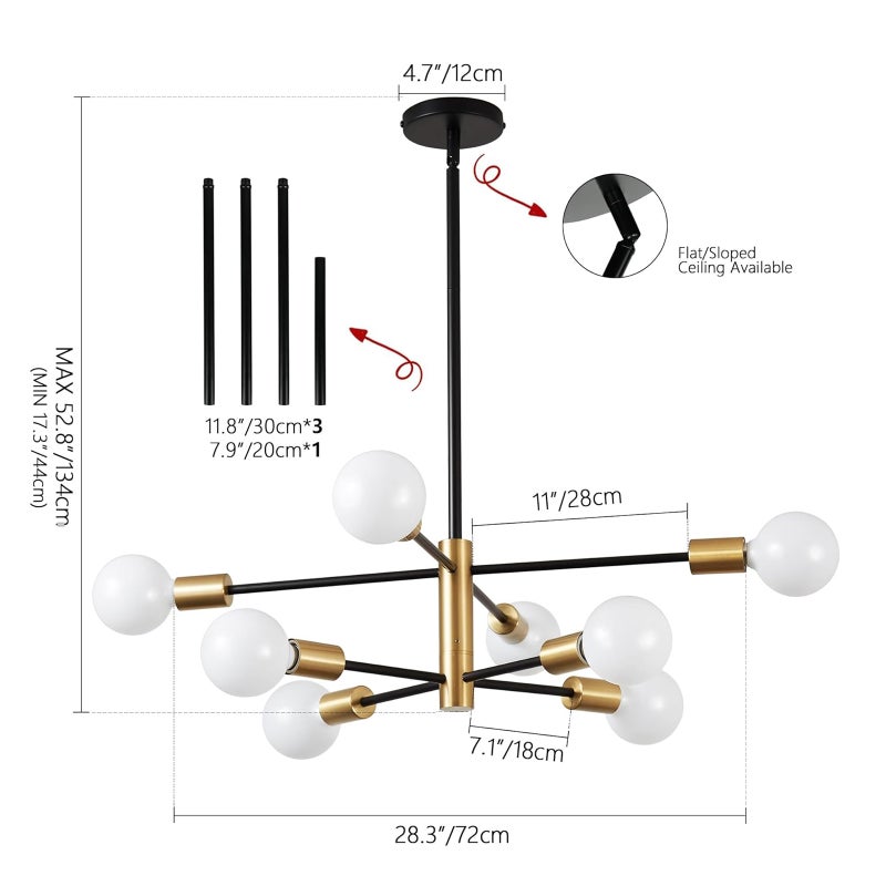 8-Light Modern Chandelier Black and Gold Ceiling Lamp Semi Flush Mount Ceiling Light Fixture Pendant Lights Height Adjustable Mid Century Industrial Farmhouse Ceiling Lights for Bedroom Living Room - Image 3