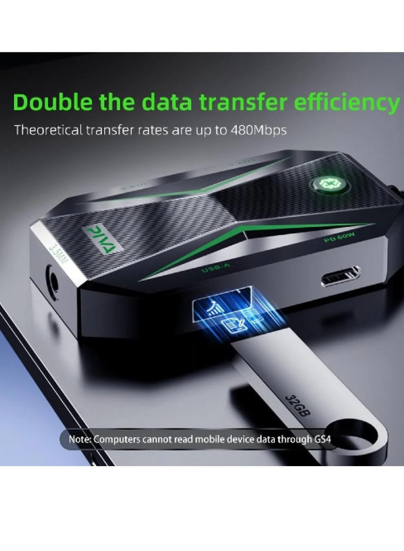 PIVA GS4 PRO Type C 5 in 1 Adapter with 32bit Sound Card 60W Fast Charging Data Transfer Rate Up to 480Mbps Compatible with AUX and Type C Headphones Supports All iPads and iPhones with Type C Port