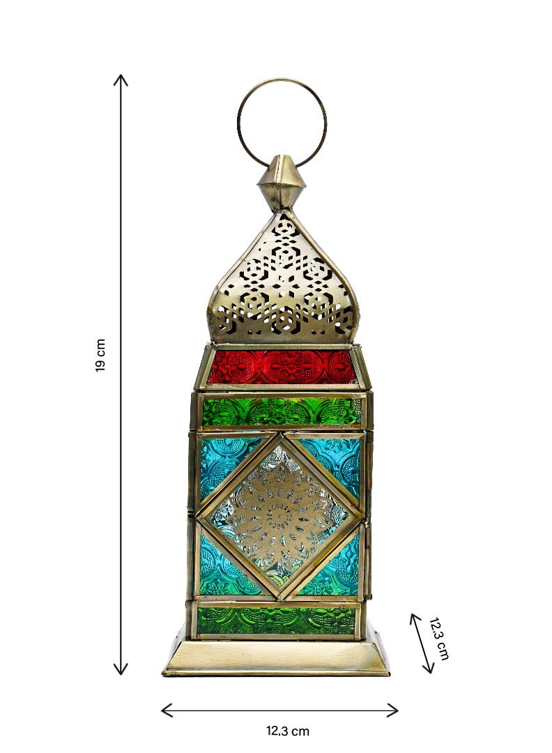 HilalFul Cairo Brass Antique Multicolored Glass Decorative Candle Holder Lantern | Home Decor in Eid, Ramadan, Wedding | Living Room, Bedroom, Indoor, Outdoor Decoration | Islamic Themed | Moroccan - Image 2