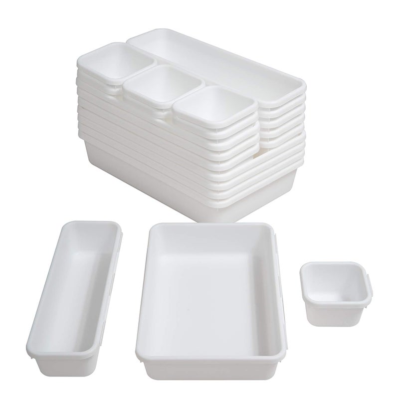 Bycy 18 Pcs White Drawer Organizers Trays Set Drawer Dividers For Kitchen Office Bathroom, Interlocking Bin Pack (18 Pieces) - Image 1