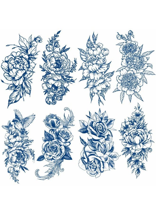 Leoars Semi Permanent Tattoos, Temporary Tattoos, 8-Sheet 100% Plant-Based Ink Realistic Blue Flower Tattoos for Adults Women Girls Kids - Image 1