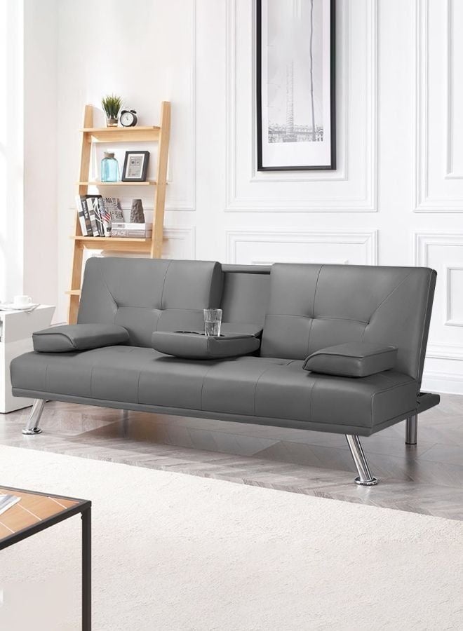 كستم ديكو أريكة سرير ميرا من الجلد الصناعي | أريكة قابلة للتحويل إلى سرير مع حامل أكواب ومساند للذراعين | أريكة رمادية عصرية لغرفة المعيشة وغرفة الضيوف - Image 1