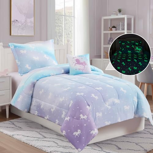 Wink Deer Full Size Comforter Set for Girls-4 Pieces Unicorn Glow in the Dark Full Bedding Sets for Kids, 1 Comforter, 2 Shams and 1 Decor Pillow - Image 3