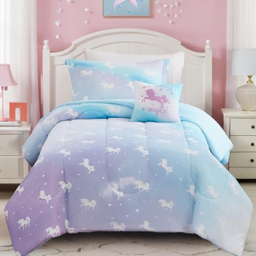 Wink Deer Full Size Comforter Set for Girls-4 Pieces Unicorn Glow in the Dark Full Bedding Sets for Kids, 1 Comforter, 2 Shams and 1 Decor Pillow - Image 1