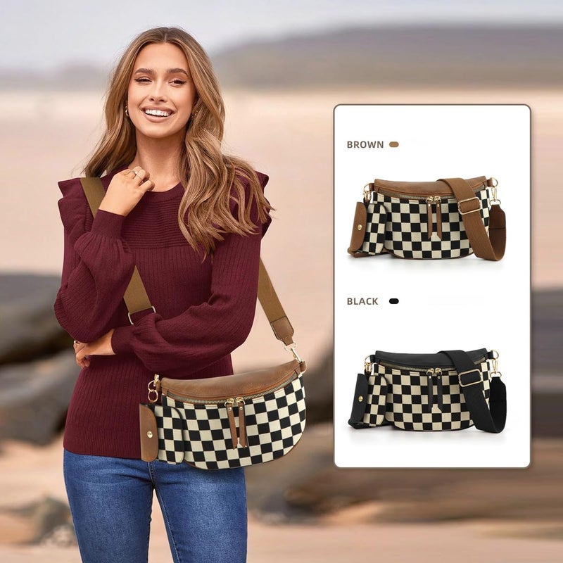 Jusavie 2 Pcs Checkered Crossbody Bags for Women Bum Bag Checkered Cross Body Sling Backpack Hobo Satchels Shoulder Wallet Purses - Image 2