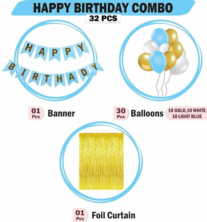 HK balloons Pack Of 34 Pcs Happy Birthday Banner Decoration Kit Set With Metallic Balloons (Blue Banner Set - Pack Of 34) - Image 2