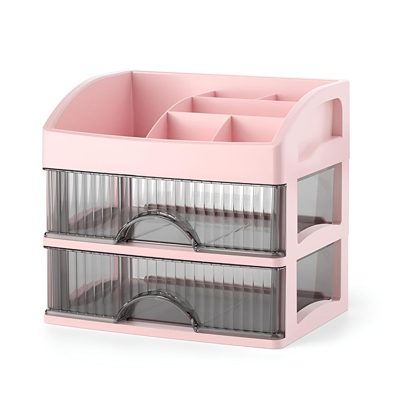 KREPS Countertop Makeup Organizer with Drawers Plastic Storage for Makeup Brush,Hair Accessories,Jewelry,Skincare Vanity Display Cases, Skin Care Products, Office Desk Organizer (2 Layer, Pink) - Image 1