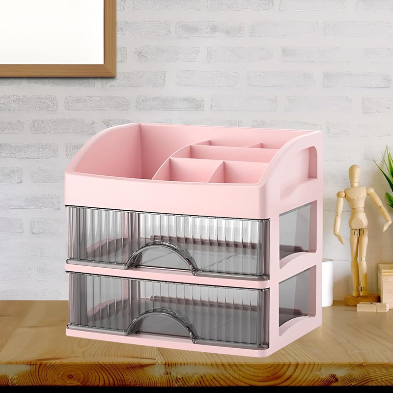 KREPS Countertop Makeup Organizer with Drawers Plastic Storage for Makeup Brush,Hair Accessories,Jewelry,Skincare Vanity Display Cases, Skin Care Products, Office Desk Organizer (2 Layer, Pink) - Image 2