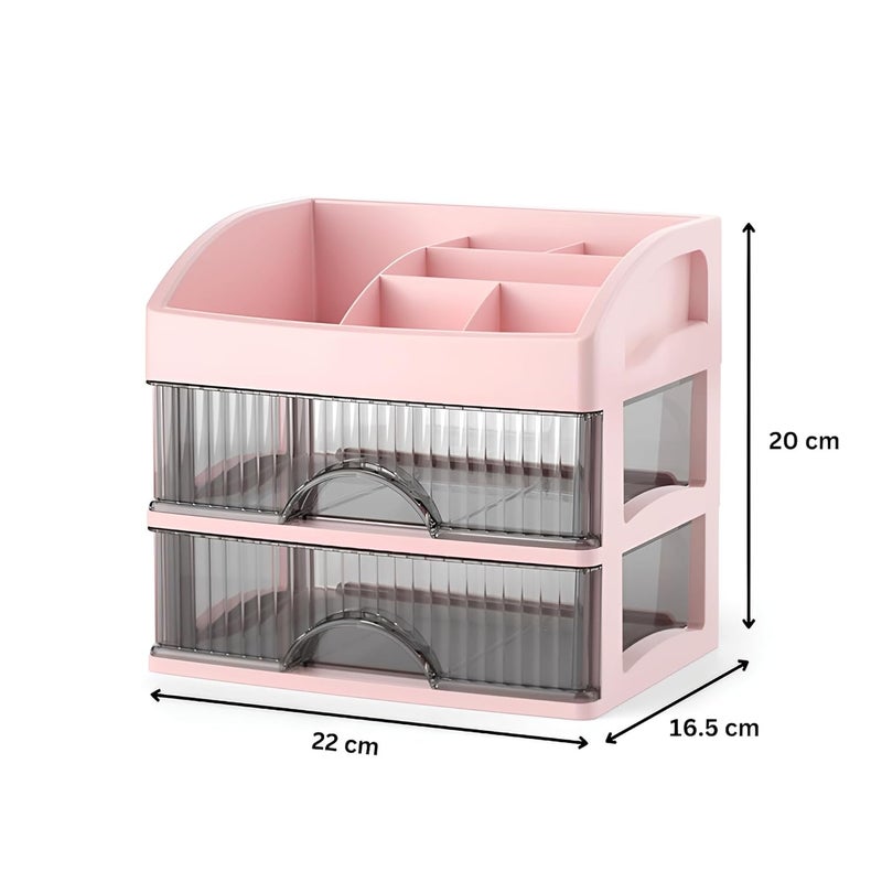 KREPS Countertop Makeup Organizer with Drawers Plastic Storage for Makeup Brush,Hair Accessories,Jewelry,Skincare Vanity Display Cases, Skin Care Products, Office Desk Organizer (2 Layer, Pink) - Image 3
