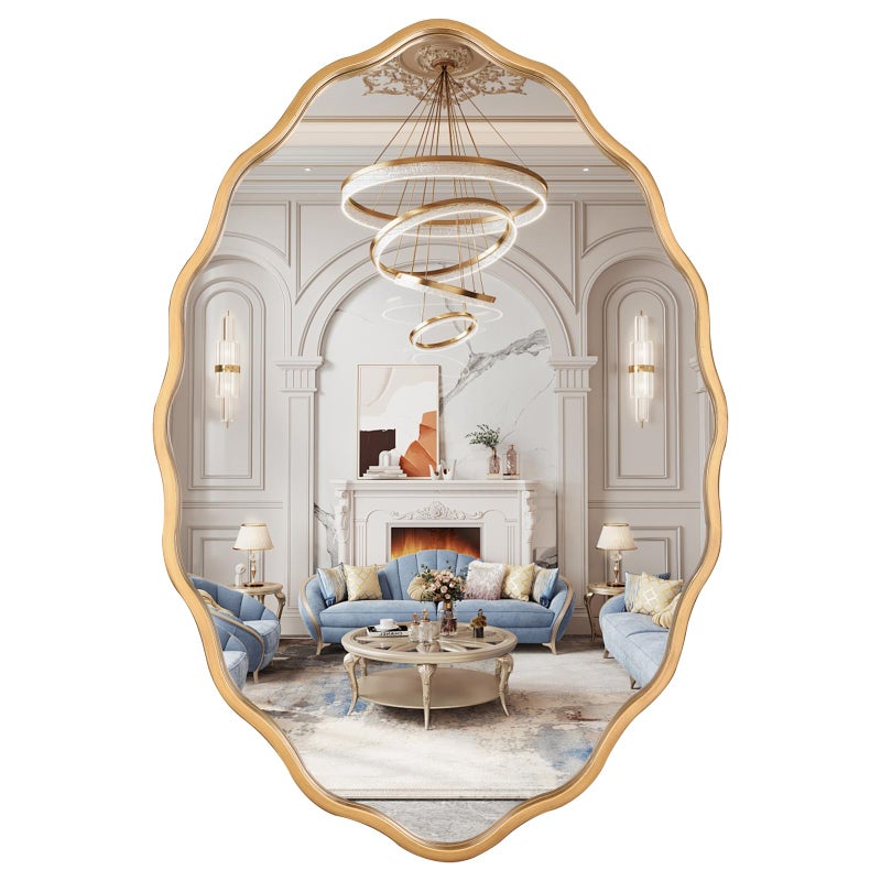 Varsoul 20 * 30 Inch Brushed Gold Oval Ripple Bathroom Mirror Wall Mounted Large Modern Countryside Suitable for Washroom, Bedroom, Living Room, Entryway - Image 1