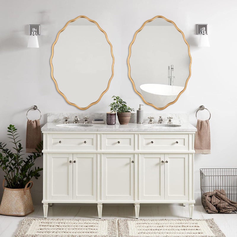 Varsoul 20 * 30 Inch Brushed Gold Oval Ripple Bathroom Mirror Wall Mounted Large Modern Countryside Suitable for Washroom, Bedroom, Living Room, Entryway - Image 4