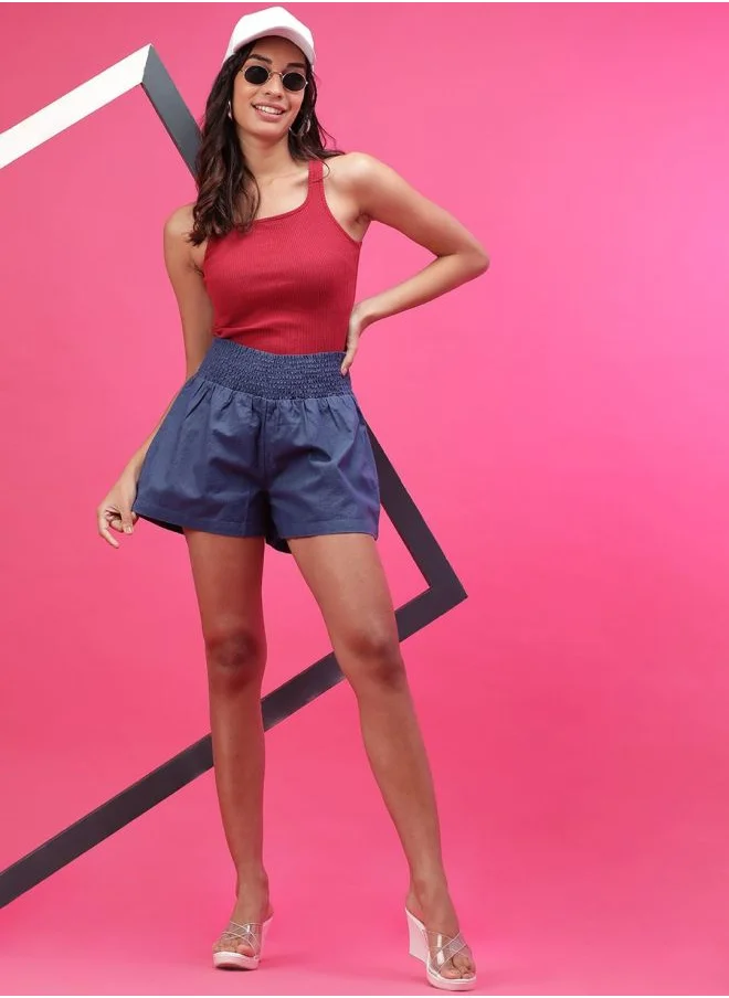 مرفوعة Women Flared Casual Solid Smocked Shorts