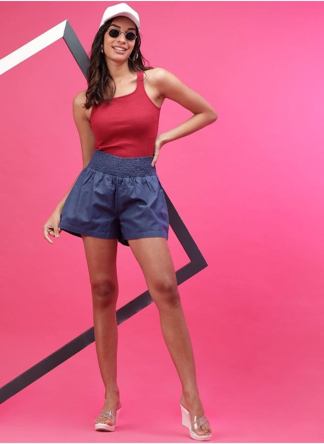 Freehand - Women Flared Casual Solid Smocked Shorts - Image 1