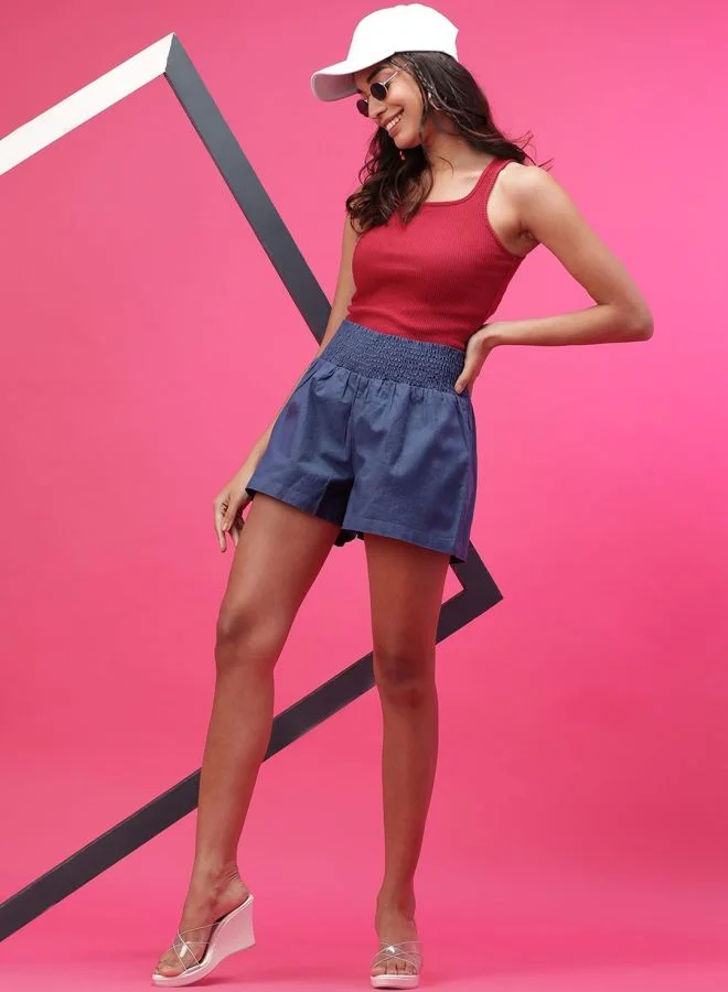 مرفوعة Women Flared Casual Solid Smocked Shorts