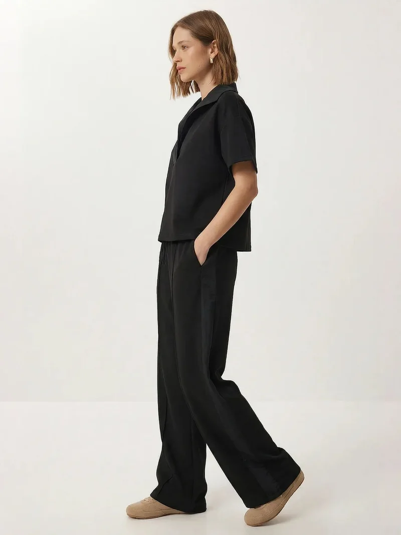 السعادة في إسطنبول ISTANBUL Polo Collar Blouse & Mid Waist Wide Leg Pants Two-Piece Set