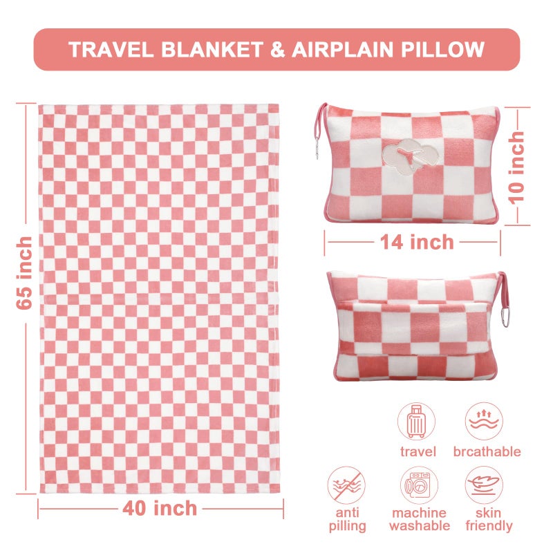 Jungle Star Travel Blanket and Pillow Compact, Premium Soft 2 in 1 Airplane Blanket with Soft Bag Pillowcaseï¼ŒHand Luggage Sleeve and Backpack Clip (Ckeckered Pink) - Image 3