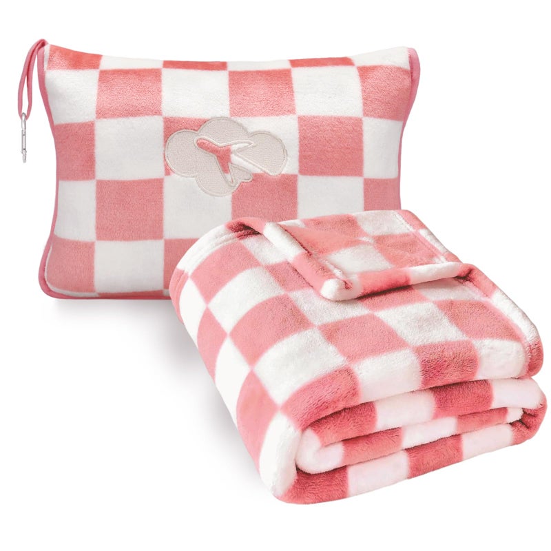 Jungle Star Travel Blanket and Pillow Compact, Premium Soft 2 in 1 Airplane Blanket with Soft Bag Pillowcaseï¼ŒHand Luggage Sleeve and Backpack Clip (Ckeckered Pink) - Image 1