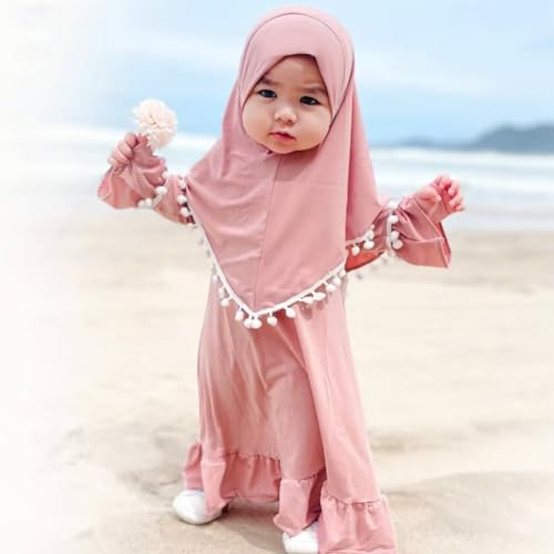 ODASDO Newborn Infant Baby Girl Prayer Dress, Muslim Clothes for Toddler Kids Long Sleeve Abaya with Hijab Two Piece Maxi Islamic Dress Set Kaftan Middle East Arabian Dubai Robe Ramadan Eid Dusty Pink 0-6M - Image 2