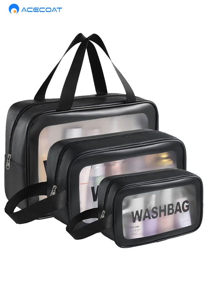 ACECOAT Cosmetic Bag,3 Pcs Toiletry Bag  Travel Bag Set for Toiletries, Portable Toiletry Bags for Traveling Women, Translucent Waterproof Make Up Bag for Travel and Bathroom (Black) - Image 1