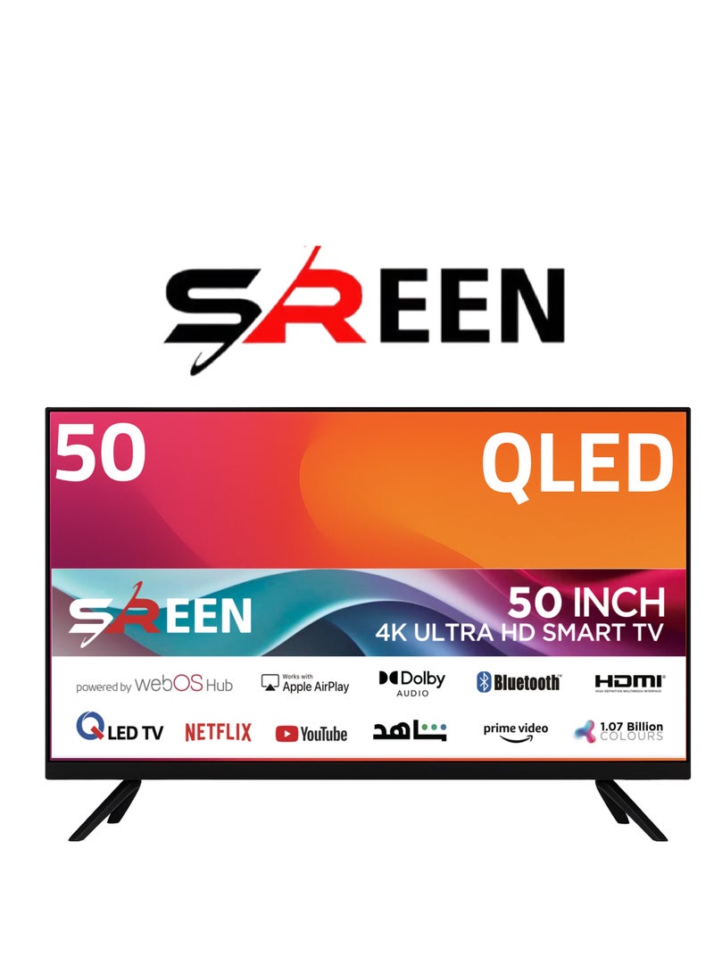SREEN 50-Inch 4K UHD Smart LED TV, Model SRET-50S4KWQ2, WebOS Hub, Dolby Audio, Bluetooth, Apple AirPlay, HDMI, Netflix & YouTube - Image 1