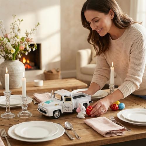YimiBloss Easter Decorations - Mini Farmhouse Vintage Metal Truck with Easter Eggs & Bunny, White Spring Farm-Style Pickup Decor for Table Tiered Tray Home Kitchen Office Keepsake Gifts - Image 5