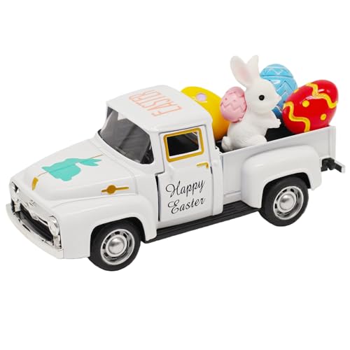 YimiBloss Easter Decorations - Mini Farmhouse Vintage Metal Truck with Easter Eggs & Bunny, White Spring Farm-Style Pickup Decor for Table Tiered Tray Home Kitchen Office Keepsake Gifts - Image 1