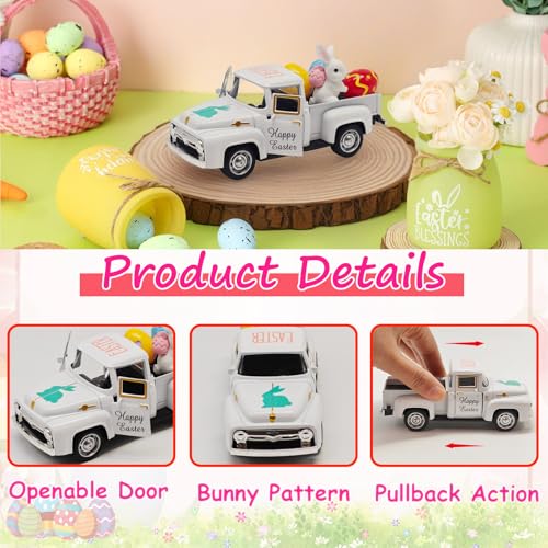 YimiBloss Easter Decorations - Mini Farmhouse Vintage Metal Truck with Easter Eggs & Bunny, White Spring Farm-Style Pickup Decor for Table Tiered Tray Home Kitchen Office Keepsake Gifts - Image 4