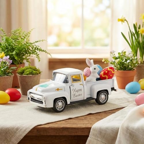 YimiBloss Easter Decorations - Mini Farmhouse Vintage Metal Truck with Easter Eggs & Bunny, White Spring Farm-Style Pickup Decor for Table Tiered Tray Home Kitchen Office Keepsake Gifts - Image 2