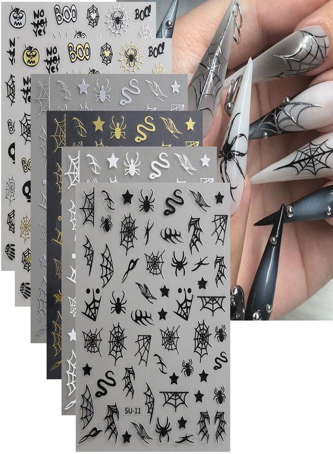 BYJKYEN Halloween Nail Stickers for Nail Art, 6 Sheets Halloween Spider Web Spider Skull Snake Star Nail Decals Design Holiday Day of The Dead Nail Art Stickers for DIY Acrylic Nail Decoration Accessories - Image 1
